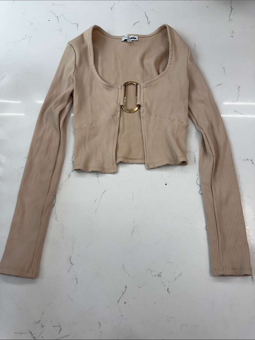 Fashion Nova Beige Ribbed Long Sleeve Cropped Top with Gold Buckle Accent